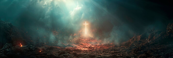 Jesus as a beacon of hope, radiating light and salvation to humanity in times of darkness. Generative AI