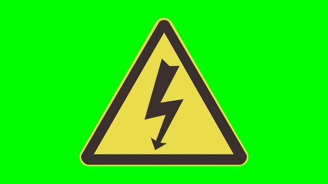 Appearance of the yellow and black triangular danger sign with the flash of electrocution and high voltage coming from the front on a green background, transparent background with alpha channel