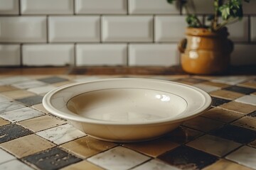 Obraz na płótnie Canvas Serveware bowl on tiled floor near plant in interior