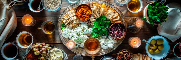 Traditional Passover Seder plate with symbolic foods arranged beautifully, showcasing the essence of the holiday. Generative AI - obrazy, fototapety, plakaty