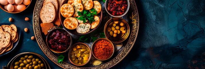 Traditional Passover Seder plate with symbolic foods arranged beautifully, showcasing the essence...