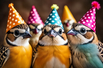 A Colorful Celebration: Birds with Party Hats Gather Together.