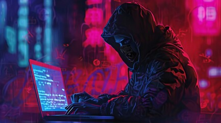 cyber crime - crazy hacker with hood and mask - obrazy, fototapety, plakaty
