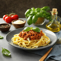 Fresh tasty pasta bolognese on plate - 780466989