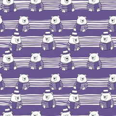 Naklejka premium Purple and white stripes, many little bears He was wearing clothes and a hat and was reading a book. Seamless fabric pattern. Textile. Fashion. Design. Background. Wallpaper