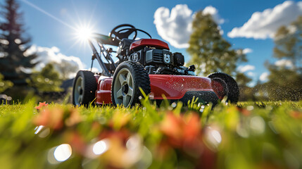 A red lawn mower cutting grass on a sunny day