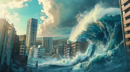 Tsunami waves in front of buildings in a cityscape, Ai generate - obrazy, fototapety, plakaty