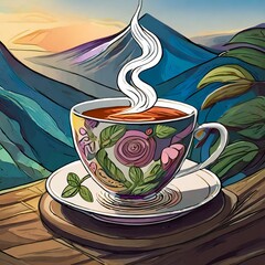 cup of hot tea with  mountain 
