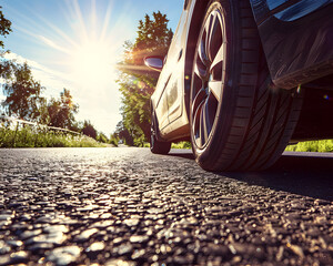 summer tires on the asphalt road in the sun - obrazy, fototapety, plakaty