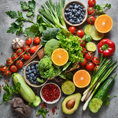 Various fruits and vegetables on grey background