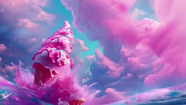 A pink ice cream cone is falling into the ocean 4K motion