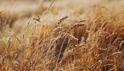 Fototapeta premium side view of a damage field of dry mature autumn spikelets of wheat, damaged wheat crops in farm