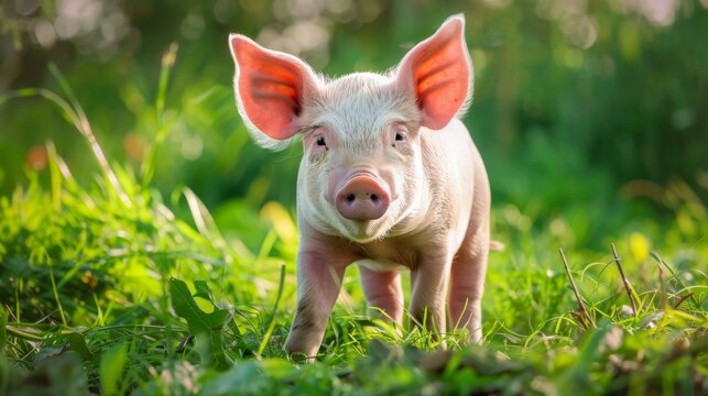 Cute pink piglet standing in lush green grass with a nature backdrop