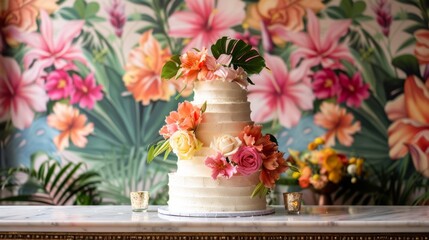 Elegant three-tiered wedding cake adorned with vibrant  tropical flowers, set against a decorative floral backdrop, showcasing a stylish and sophisticated dessert presentation.