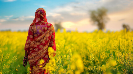 An indian woman farmer walking through a yellow mustard flower field.