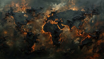 Apocalyptic Earth. Oil, Carbon, Smoke, and Fire ravaged World Map; Abstract portrayal of Global Warming's Environmental Catastrophe - obrazy, fototapety, plakaty