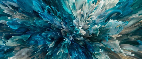 A kaleidoscope of indigo and teal bursts forth, painting an abstract masterpiece on a canvas of liquid color.