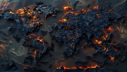 Apocalyptic Earth. Oil, Carbon, Smoke, and Fire ravaged World Map; Abstract portrayal of Global Warming's Environmental Catastrophe