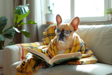 An adorable dog wearing glasses, sitting on sofa and reading a book.