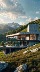 Modern house on a mountainside, trendy architecture, living in nature. Vertical illustration.