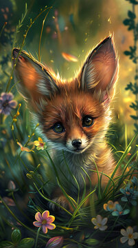 Funny little big-eared fox cub Fenek lurked in the grass among the flowers. Vulpes zerda. Vertical illustration.