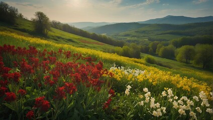  In the heart of spring, where warmth gently embraces the earth, a beautiful array of flowers blooms, their vibrant colors and fragrant scents heralding the beginning of a season of growth and vitalit - obrazy, fototapety, plakaty
