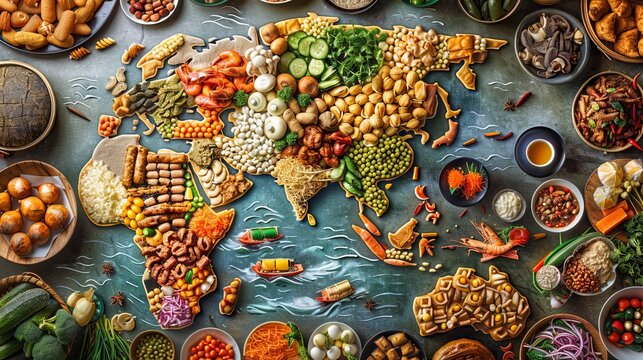 Textured Asia Food Map of the World on Grey Background with Culinary Ingredients
