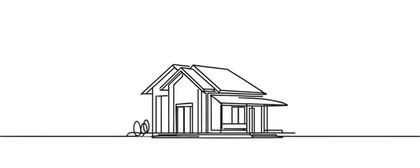 House of continuous linear drawing. Black linear sketch of modern architecture. Vector illustration.