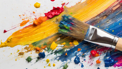 Obraz premium Close-up of brush with different colors of paint, strokes and splashes. Isolated on white