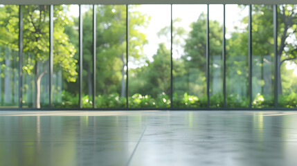 Blurred empty modern open space business office with large windows and green trees on the outside, environment friendly , blur background  