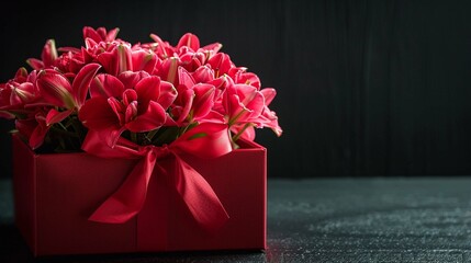 Beautiful bouquet in a red luxury present box with a red bow, cut out on black background