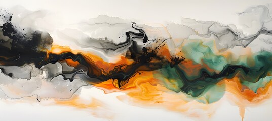 a colorful painting of black orange and white