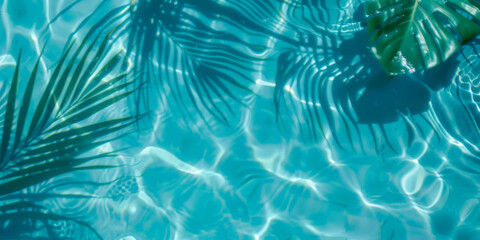 Obraz premium A closeup of blue water swimming pool with palm leaves shadows . creating a beautiful summer scene. banner