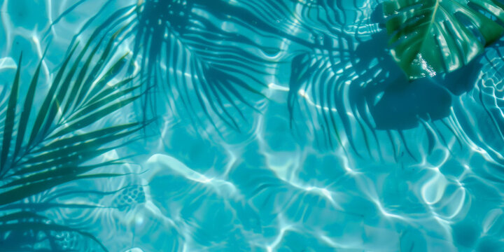 A closeup of  blue water swimming pool with palm leaves  shadows . creating a beautiful summer scene. banner