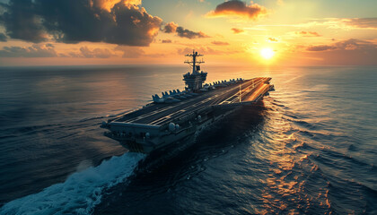 Naval aircraft carrier sailing at sunset on the open sea.