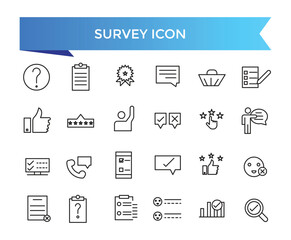 Survey icon collection. Related to feedback, opinion, questionnaire, poll, research, data collection, review and satisfaction icons. Line icon set.