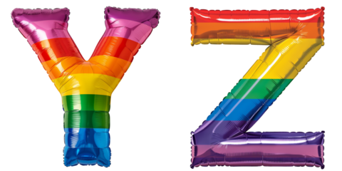 Pride Month Celebration: Rainbow-colored foil balloons shaped as letters Y, Z