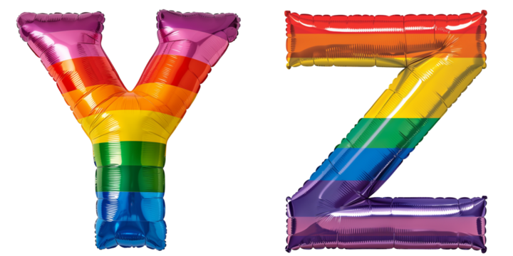 Pride Month Celebration: Rainbow-colored foil balloons shaped as letters Y, Z