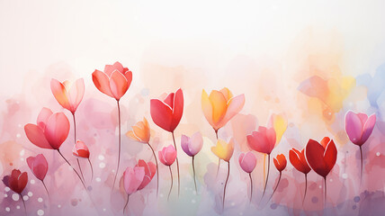 Spring flowers tulips in watercolor on a white background, festive greeting card