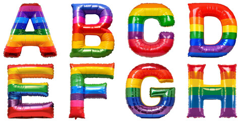 Pride Month Celebration: Rainbow-colored foil balloons shaped as letters A, B, C, D, E, F, G, H