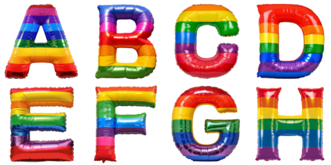 Pride Month Celebration: Rainbow-colored foil balloons shaped as letters A, B, C, D, E, F, G, H