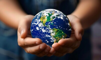 Symbolic Gesture, Earth Globe Cradled in Hands Signifying Environmental Protection and Planet Care