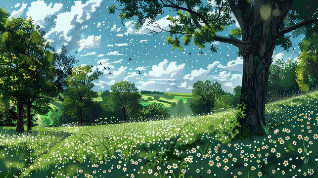 spring countryside, tranquil and beautiful scene. dot art illustration. digital painting. generative AI