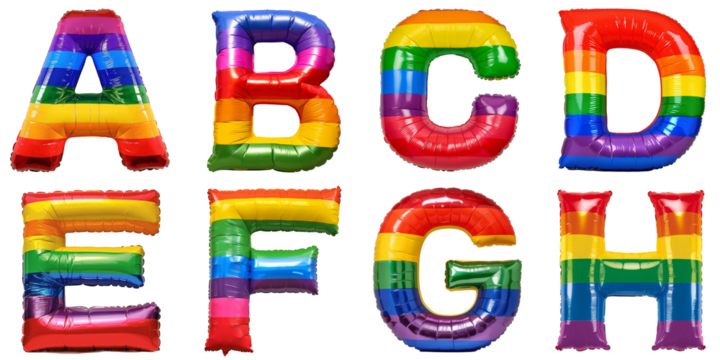 Pride Month Celebration: Rainbow-colored foil balloons shaped as letters A, B, C, D, E, F, G, H