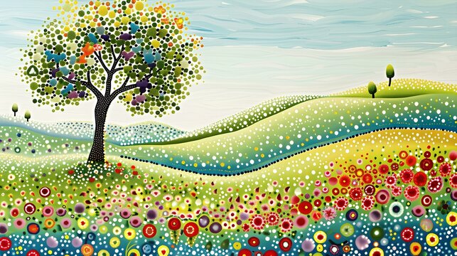 spring countryside, tranquil and beautiful scene. dot art illustration. digital painting. generative AI