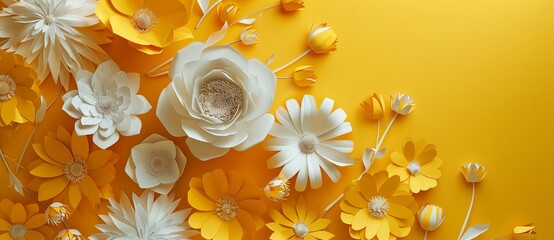 Vibrant floral arrangement set against a sunny yellow backdrop, evoking the freshness of spring and the warmth of summer. Captured in a flat lay composition with ample copy space, perfect for illustra - obrazy, fototapety, plakaty