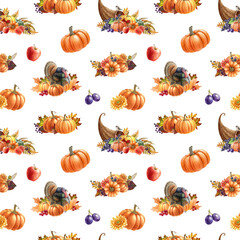 Thanksgiving decor seamless pattern. Watercolor illustration. Autumn floral festive decor from pumpkins, cornucopia, fallen bright leaves, fruit, turkey. Thanksgiving vintage style seamless pattern