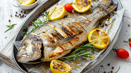 Delicious baked dorada sea bream fish with lemons garnished with fresh herbs on a plate