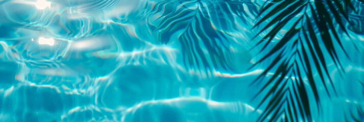Fototapeta na wymiar A closeup of blue water swimming pool with palm leaves shadows . creating a beautiful summer scene. banner