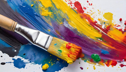 Close-up of brush with different colors of paint, strokes and splashes. Isolated on white